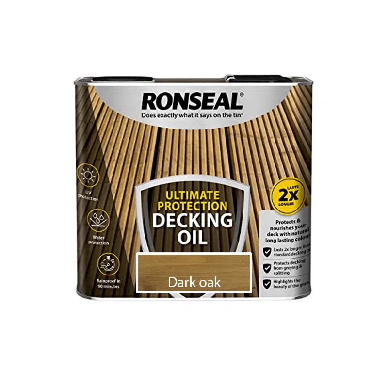 Aliejus terasai Ronseal Ultimate Decking oil pakuotė tamsus ąžuolas