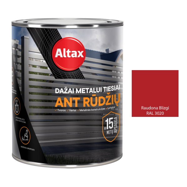 Altax dažai metalui ant rūdžių, Raudona blizgi, RAL 3020
