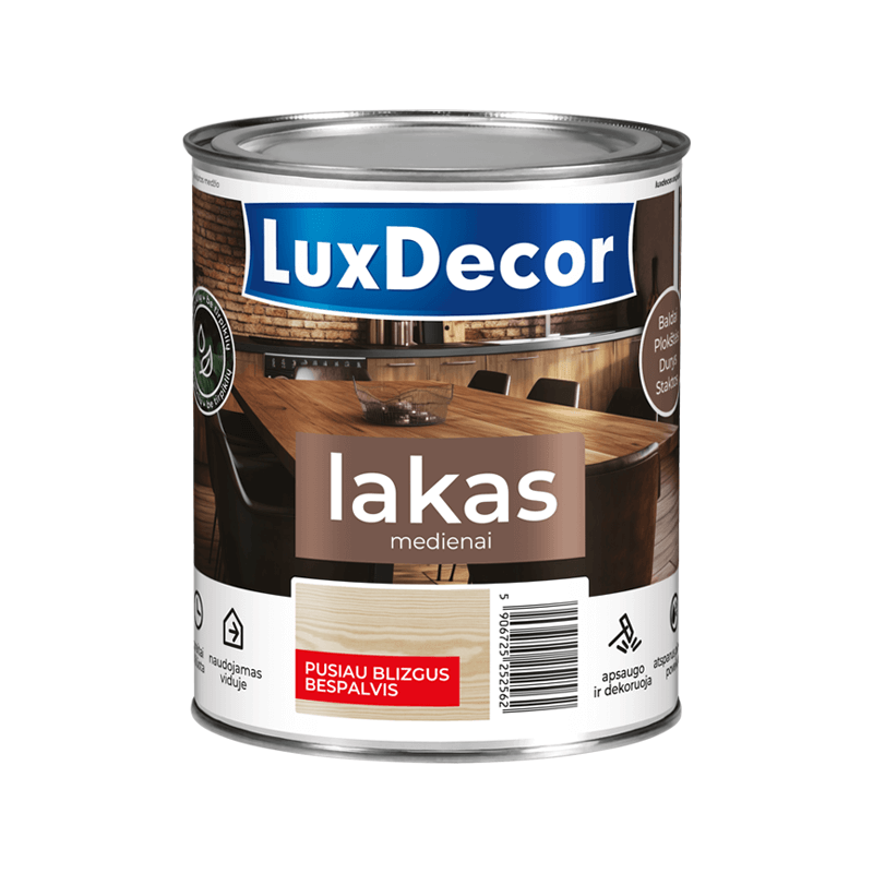 Lakas mediniams baldams LuxDecor pusiau blizgus, bespalvis baldinis. Kategorija: lakai medienai