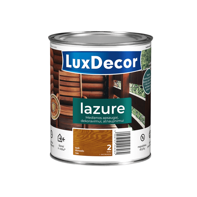 medienos impregnantas LuxDecor Lazure skirta medienos apsaugai, dekoravimui ir atnaujinimui lazūra pakuotė. Kategorija: medienos impregnantai